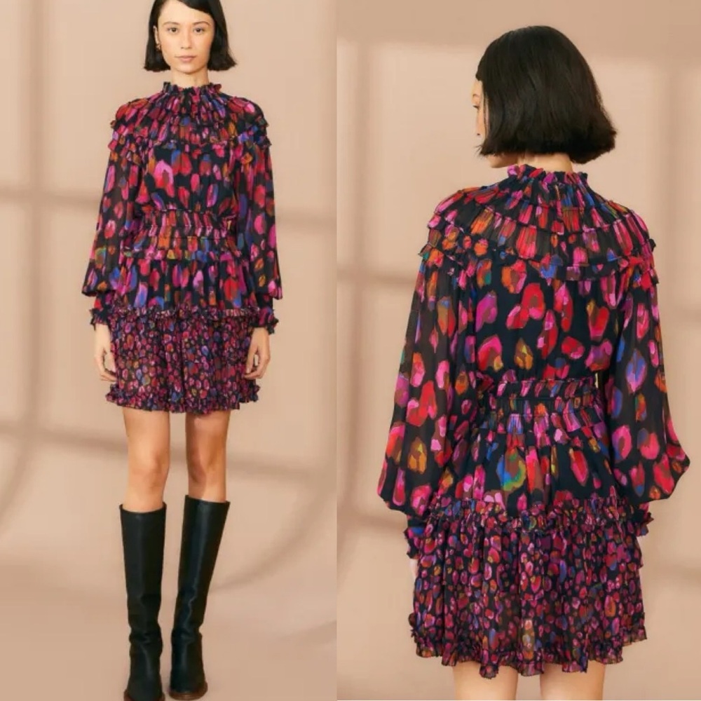 FARM RIO Iridescent Leopards Black Ruffled Dress